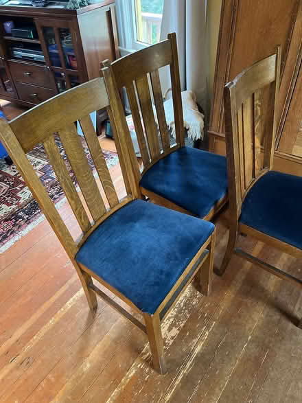 Photo of free Chairs oak blue velvet seat (West Queen Anne) #1