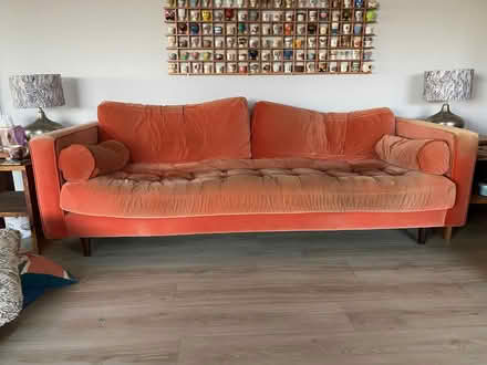 Photo of free Orange sofa and footstool, good condition but seats worn. (Donisthorpe DE12) #1