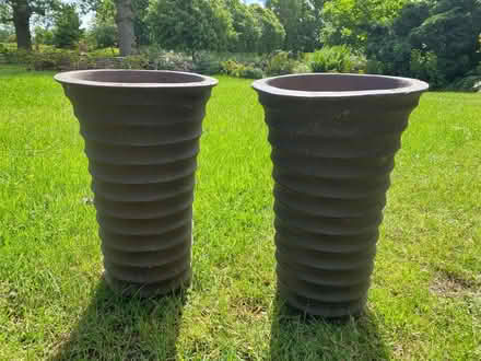 Photo of free Two tall slim plant pots (terracotta painted) (Newtown Linford LE67) #1