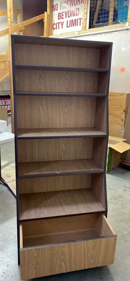Photo of free Tall Wood Shelf Unit (Church, near Welburn Gilroy) #1