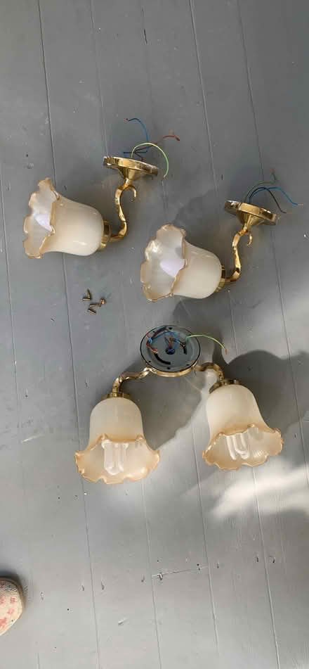 Photo of free 3 glass wall lamps, 2 single, 1 double (Kempston MK42) #1