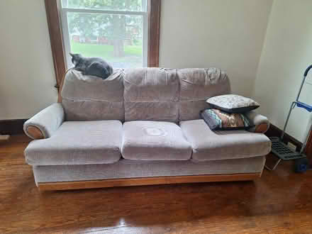 Photo of free Couch -brownbeige cloth&medium wood (Middletown, NY) #1