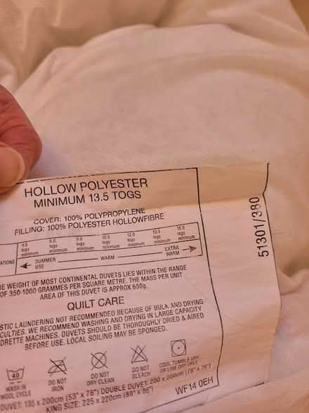 Photo of free Double Duvet 13.5 tog + White Cotton Cover (Grange-over-Sands LA11) #2