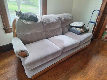 Photo of free Couch -brownbeige cloth&medium wood (Middletown, NY) #2