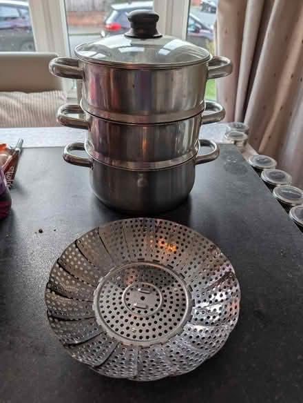 Photo of free Saucepan with 2 steamers and lid 20cm/8" diameter (Heaton Norris SK4) #1