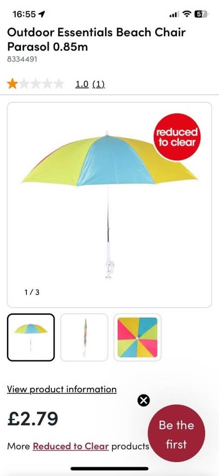 Photo of free Outdoor Essentials Beach Chair Parasol 0.85m (Widford CM1) #1