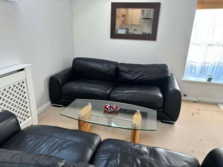 Photo of free Used pair of black leather 3-seater sofas (Sherfield Park RG27) #1
