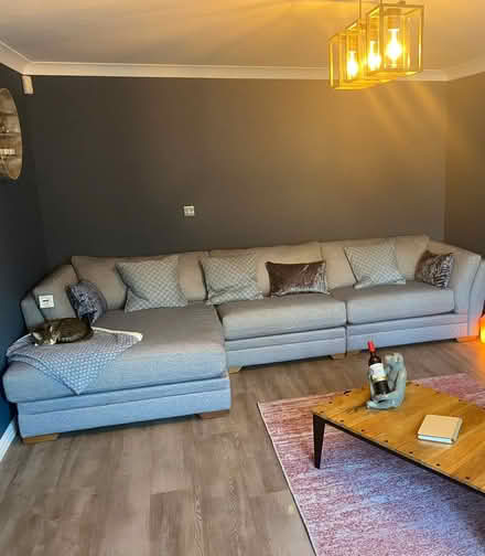 Photo of free Very Large navy fleck sofa with chase lounge one end (Cranfield MK43) #1