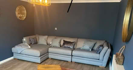 Photo of free Very Large navy fleck sofa with chase lounge one end (Cranfield MK43) #3