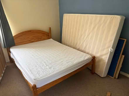 Photo of free Double wooden bed plus mattresses (Stanmore winchester) #1