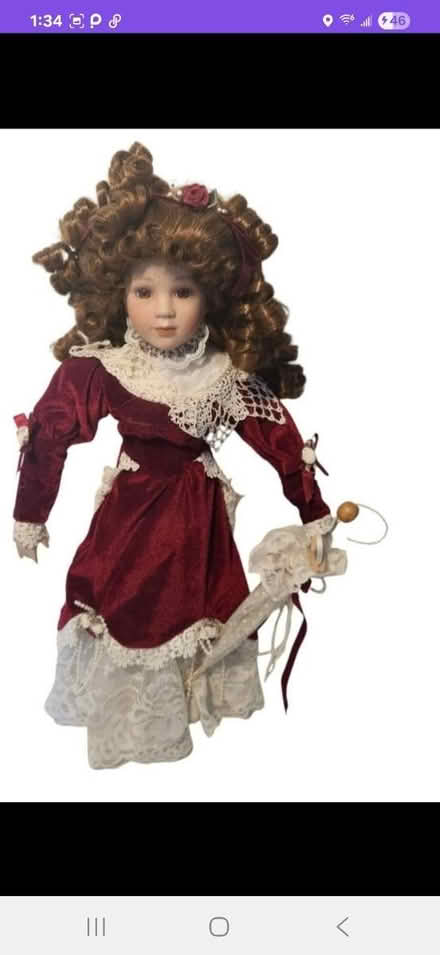 Photo of free Porcelain Doll- red gown w/umbrella (Gwynn Oak MD) #1