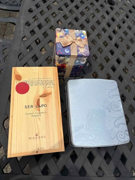 Photo of free Two biscuit tins & wood wine crate (Swansea) #1