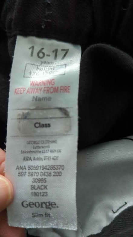 Photo of free Asda George Slim Fit Black School Trousers. Age 16-17 (Kings Hill SG12) #2