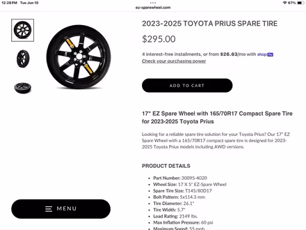 Photo of free EZ spare wheel for Prius 2023-2025 (118 Sawdy pond Ave, Fall River) #1