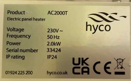 Photo of free Panel heater...Hyco AC2000T (Bohemia TN34) #2