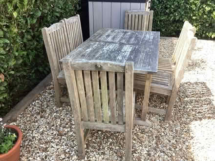 Photo of free Teak garden table, 6 chairs and umbrella (Radlett WD7) #1