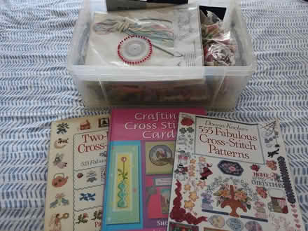 Photo of free A small storage box with cross stitch bits n bobs & 3 books (Walton-on-Thames KT12) #1