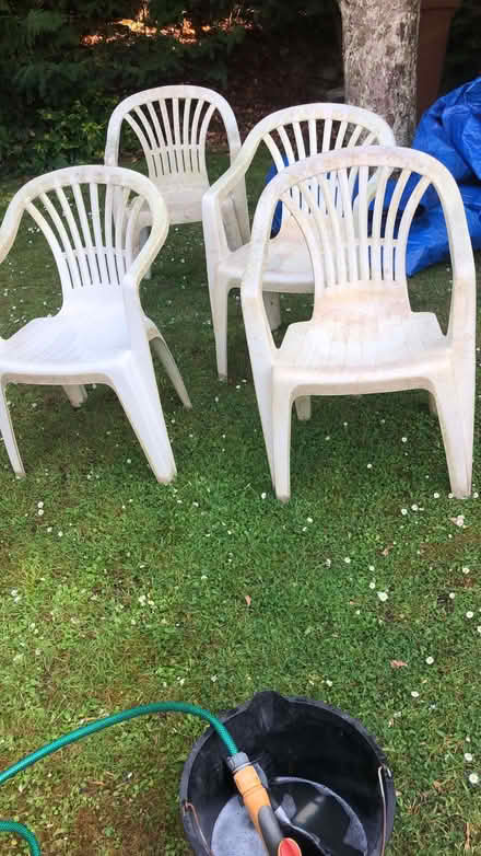 Photo of free 4 plastic garden chairs (badly stained) (Wood Farm OX3) #1