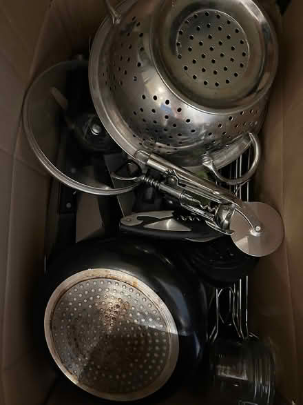 Photo of free Box with pans pots colander and assorted kitchen items (Fulham SW6) #1