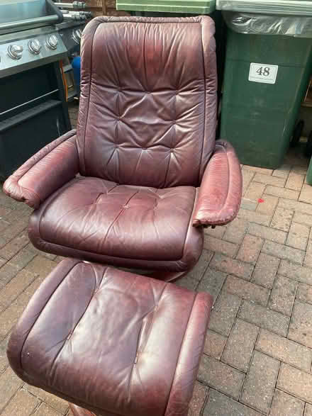 Photo of free Recliner chair with footstool. Burgundy leather (Mount Nod CV4) #1