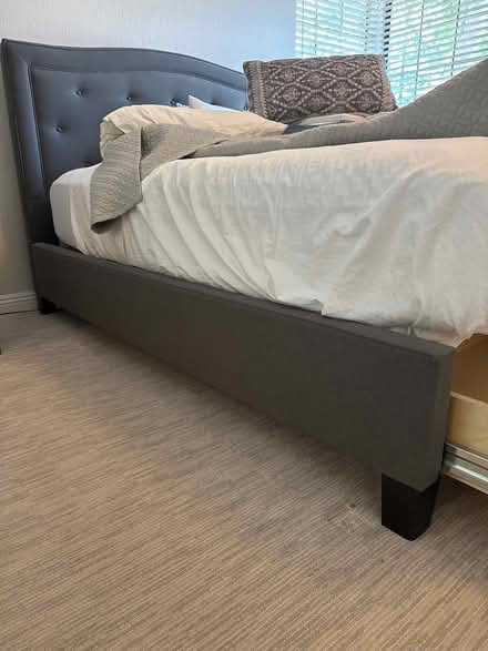 Photo of free Queen bed frame, gray upholstery (Evergreen-The Villages) #4