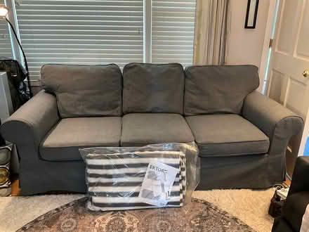 Photo of free Couch -3 cushion, grey/blue color (Redwood City, Woodside Plaza) #2