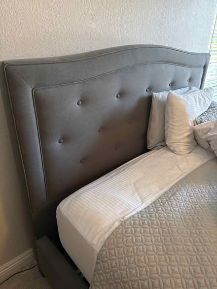Photo of free Queen bed frame, gray upholstery (Evergreen-The Villages) #2