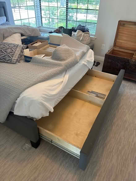 Photo of free Queen bed frame, gray upholstery (Evergreen-The Villages) #3