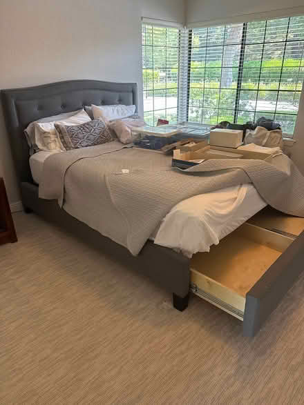 Photo of free Queen bed frame, gray upholstery (Evergreen-The Villages) #1
