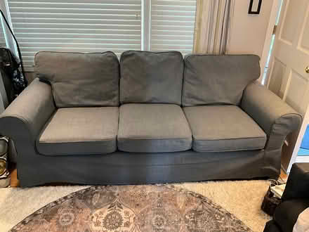 Photo of free Couch -3 cushion, grey/blue color (Redwood City, Woodside Plaza) #1