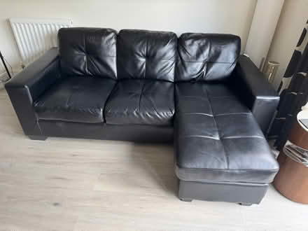 Photo of free 3 seater black leather sofa with chaise (Winchmore Hill N21) #1