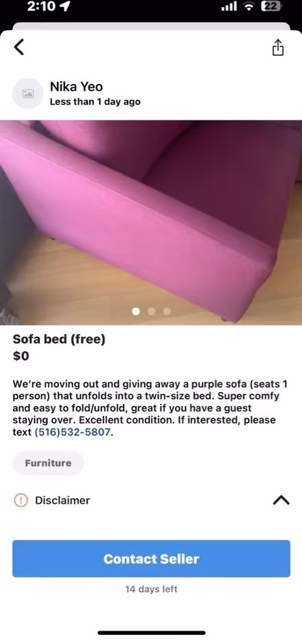 Photo of free Chair- sofa - bed (West 57th) #1