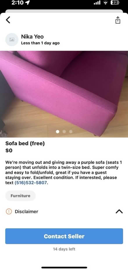 Photo of free Chair- sofa - bed (West 57th) #1