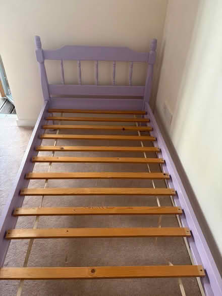 Photo of free Single lilac bed frame with mattress (Lansdown GL50) #1