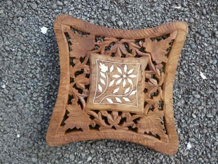 Photo of free Carved wooden teapot/plant stand with inlayed design (Kempsey WR5) #1
