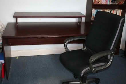 Photo of free Large desk and computer chair with monitor shelf (Barrow upon Soar LE12) #1