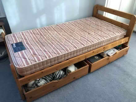 Photo of free Pine single bed frame, under-bed drawers plus mattress (Henley-on-Thames RG9) #1