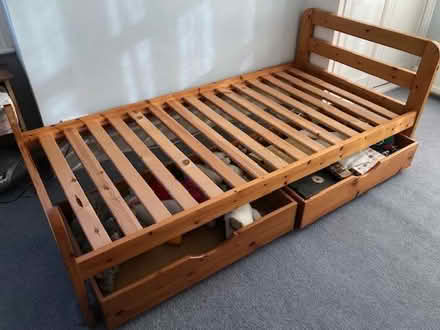 Photo of free Pine single bed frame, under-bed drawers plus mattress (Henley-on-Thames RG9) #2