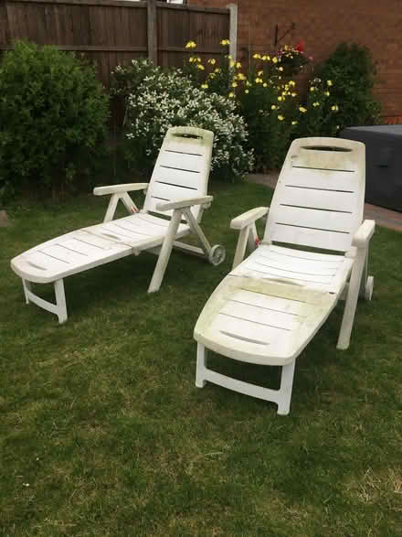 Photo of free Two Plastic Reclining Sun Loungers. (Shevington Vale WN6) #1