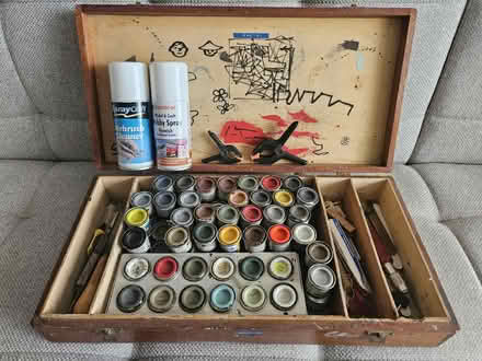 Photo of free Model Kit Humbrol Paints and Tools in wooden case. (Bexhill TN39) #1
