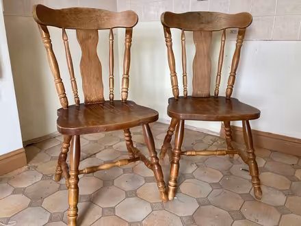 Photo of free 2 wooden kitchen chairs. Sturdy timber. (Poets MK40) #1
