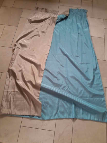 Photo of free Turquoise and grey satiny curtains (Barnard's Green WR14) #1