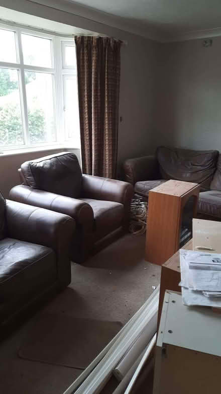 Photo of free Brown leather 3 piece suite (Moulton) #1