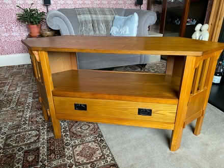 Photo of free Wood TV stand for corner or flat wall (Ambergate DE56) #1
