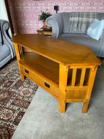 Photo of free Wood TV stand for corner or flat wall (Ambergate DE56) #2