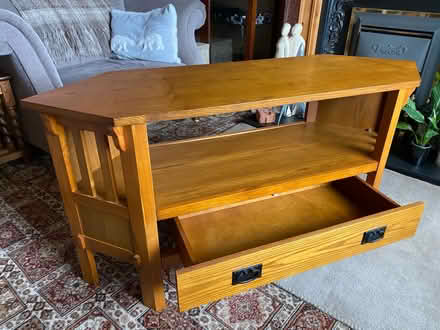 Photo of free Wood TV stand for corner or flat wall (Ambergate DE56) #3