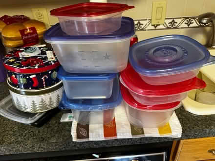 Photo of free Plastic containers and cookie tins (Crofton) #1