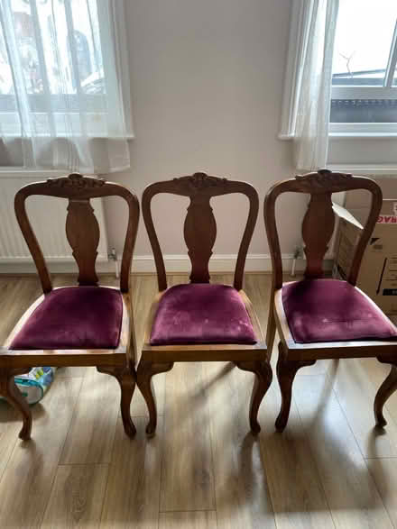 Photo of free 3 wooden burgundy chairs (High Street Kensington) #1