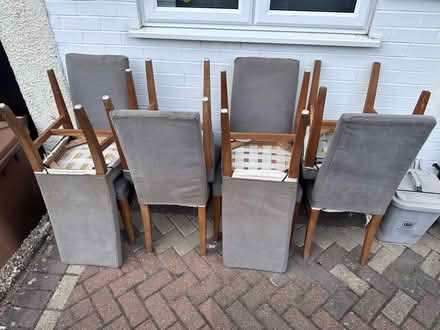 Photo of free 8 dining chairs, solid oak, covers come off for washing! (Lee SE12) #1