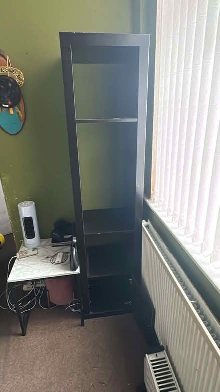 Photo of free Tall black shelf and storage box (Manchester) #1